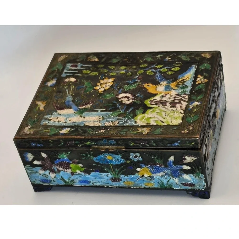 Vintage Chinese Cloisonne Enamel Jewelry Box Bird Koi Fish Champleve Wood Lined